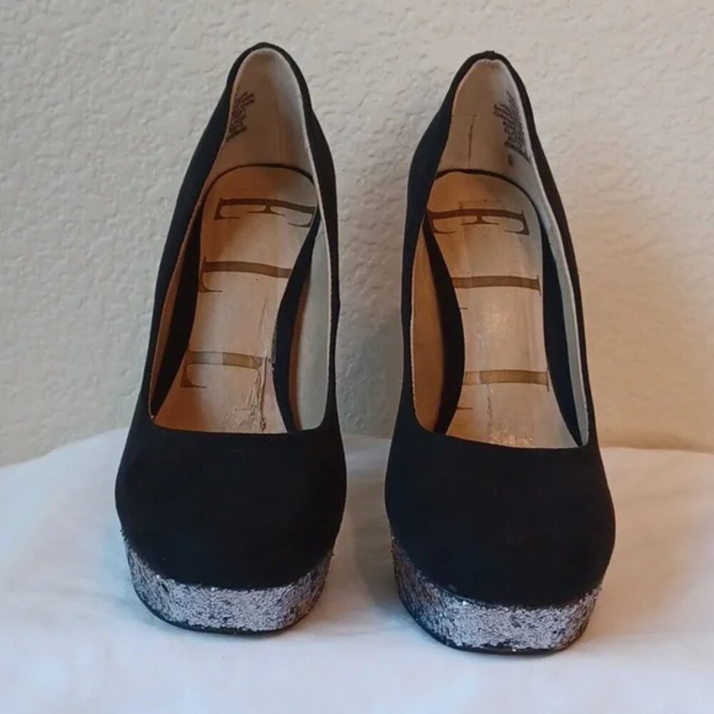 Elle Black Faux Suede Silver Glitter Sparkle Platform Pump, Perry, Womens Size 6